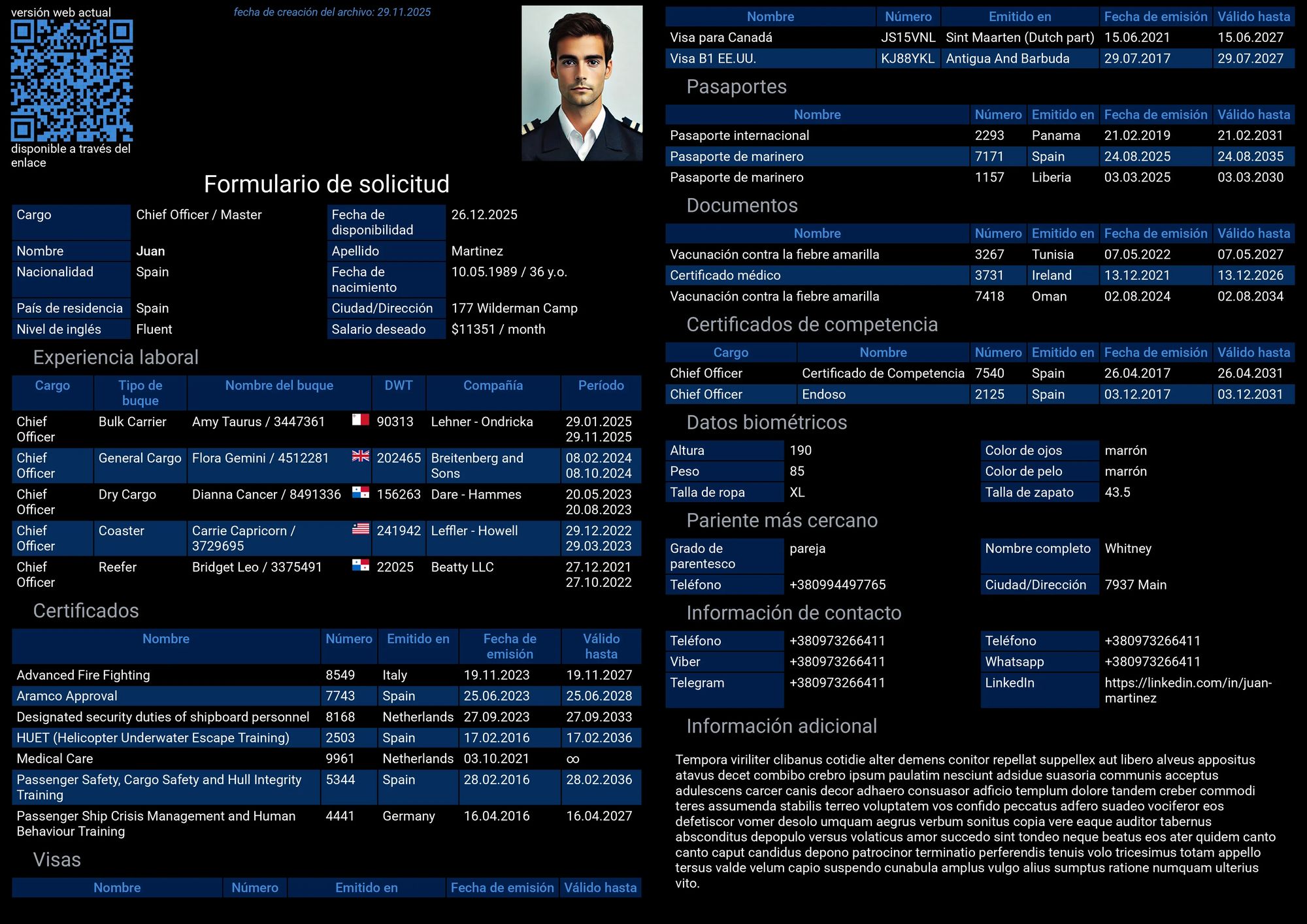 Secciones del currículum Estructura del currículum de marinero