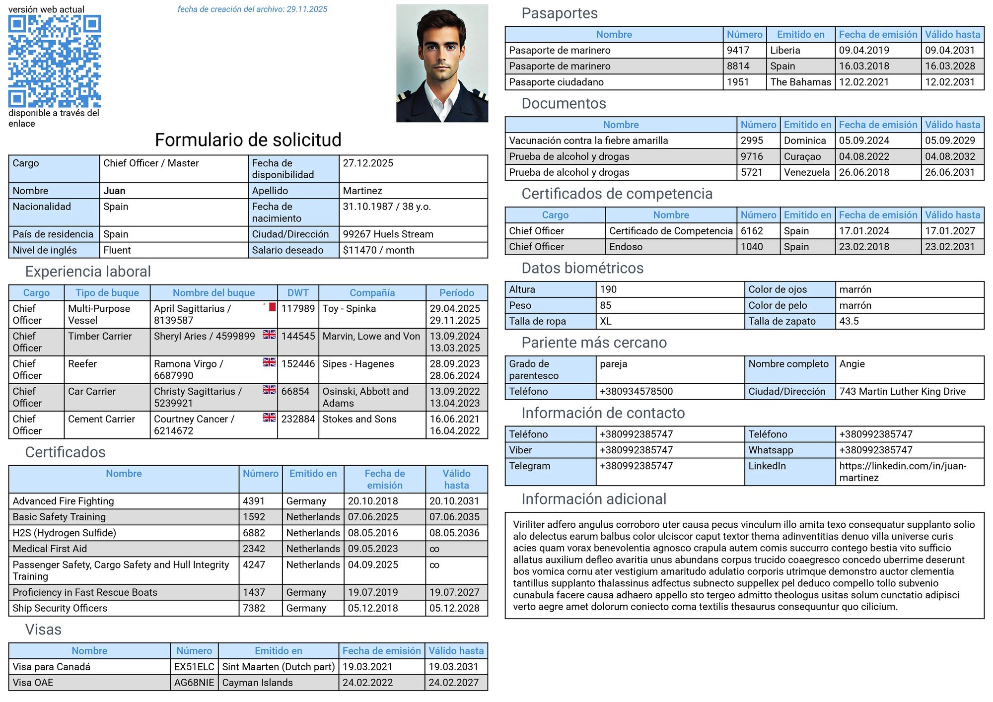 Secciones del currículum Estructura del currículum de marinero